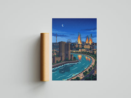 Baku Caspian Waterfront Travel Poster - Night Skyline Print