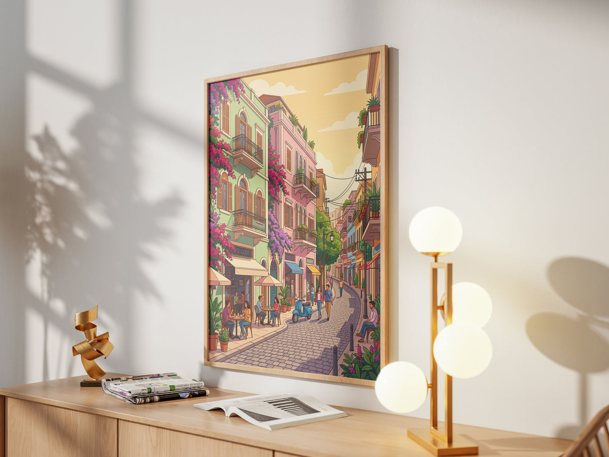 Beirut Gemmayzeh Cafe Travel Poster - Golden Hour Art Print