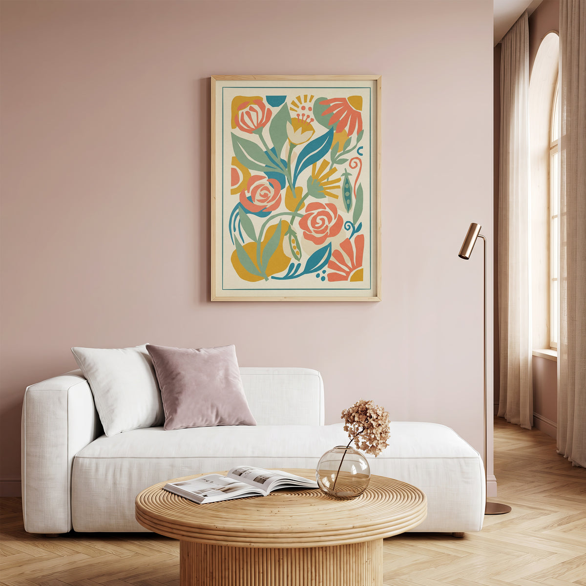 Abstract Folk Art Botanical Garden Pattern Print Pastel Terracotta & Sage Print