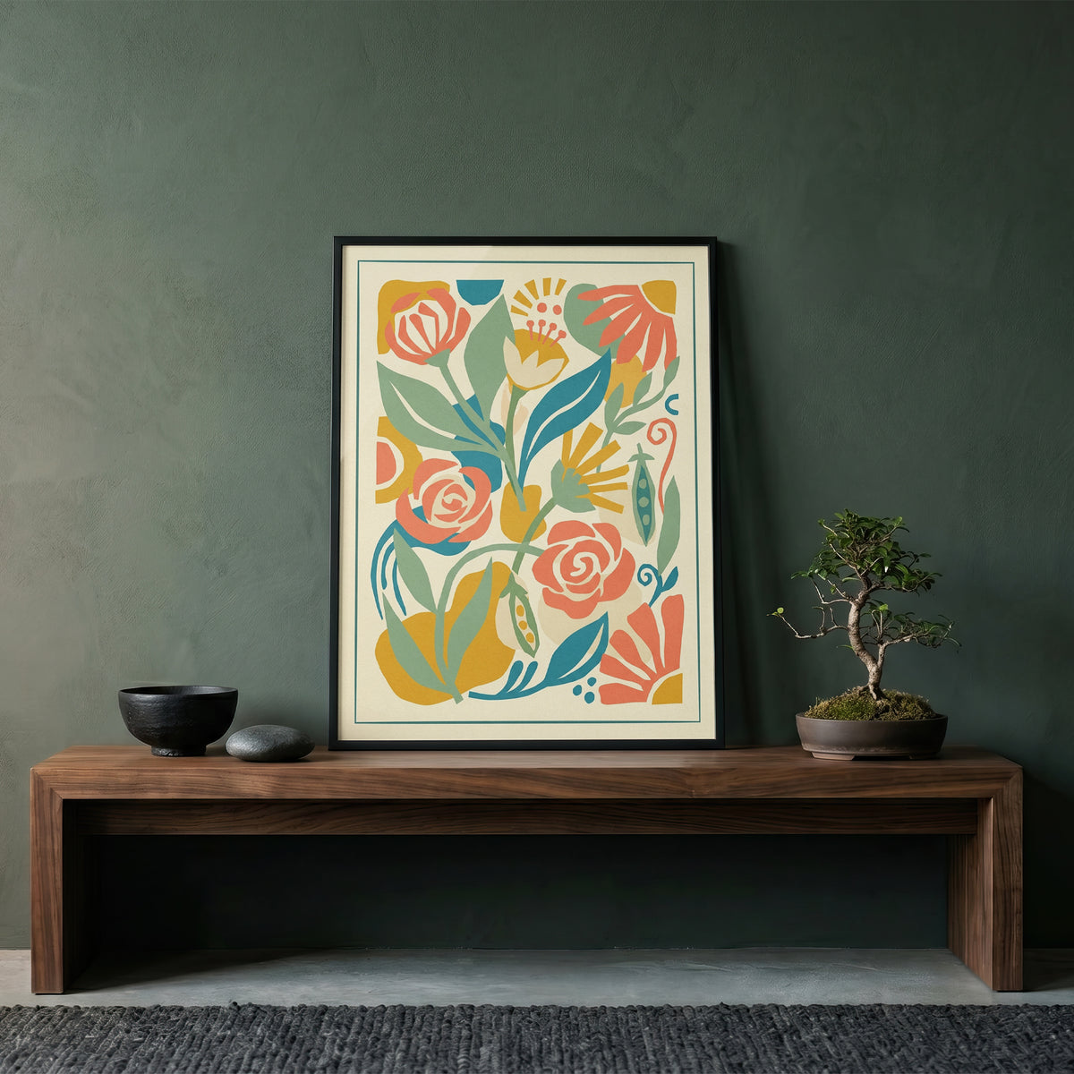 Abstract Folk Art Botanical Garden Pattern Print Pastel Terracotta & Sage Print