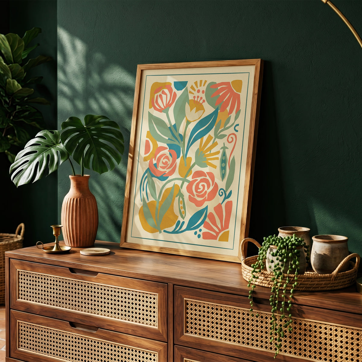 Abstract Folk Art Botanical Garden Pattern Print Pastel Terracotta & Sage Print