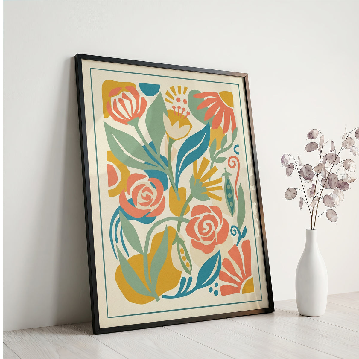 Abstract Folk Art Botanical Garden Pattern Print Pastel Terracotta & Sage Print