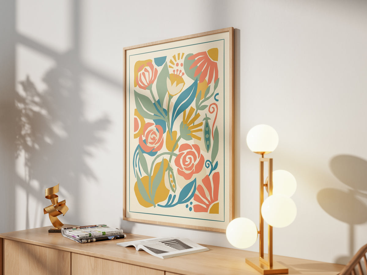 Abstract Folk Art Botanical Garden Pattern Print Pastel Terracotta & Sage Print