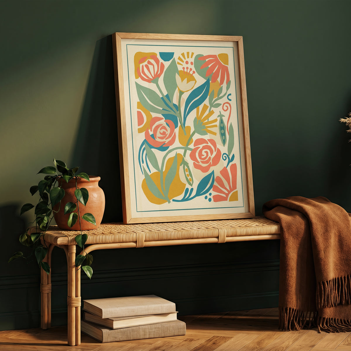 Abstract Folk Art Botanical Garden Pattern Print Pastel Terracotta & Sage Print