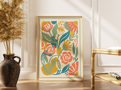 Abstract Folk Art Botanical Garden Pattern Print Pastel Terracotta & Sage Print