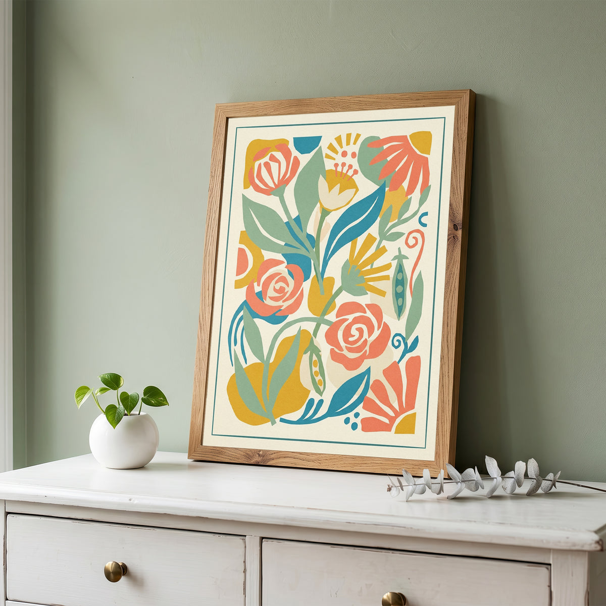Abstract Folk Art Botanical Garden Pattern Print Pastel Terracotta & Sage Print