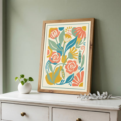 Abstract Folk Art Botanical Garden Pattern Print Pastel Terracotta & Sage Print