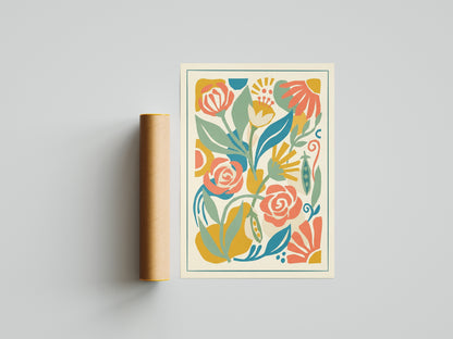 Abstract Folk Art Botanical Garden Pattern Print Pastel Terracotta & Sage Print