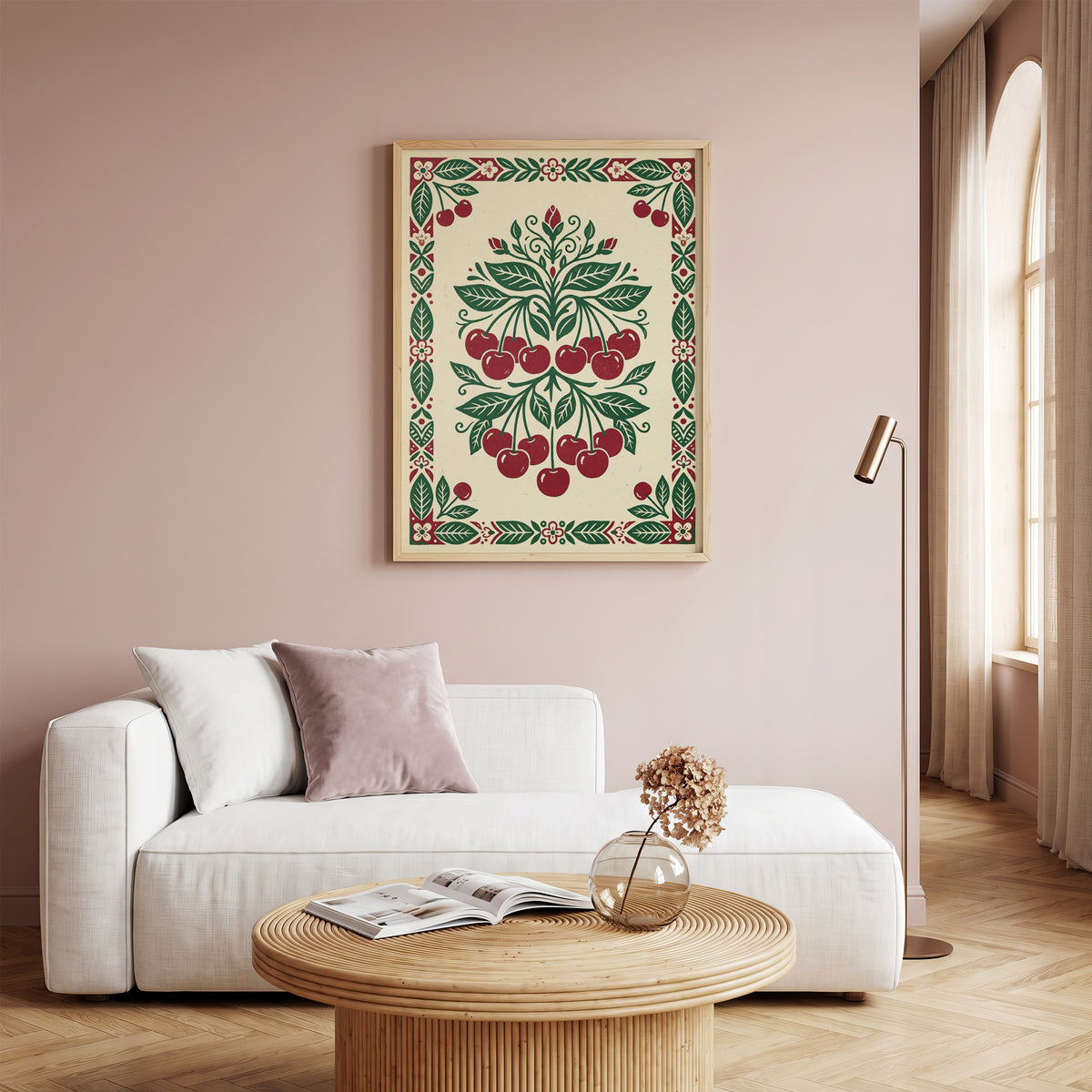 Symmetrical Folk Art Cherry Tree Branch Kitchen Poster Ripe Red Fruit & Print