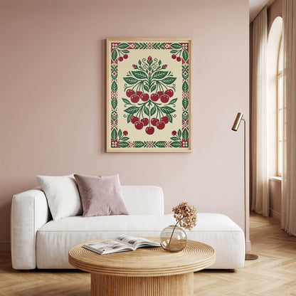 Symmetrical Folk Art Cherry Tree Branch Kitchen Poster Ripe Red Fruit & Print