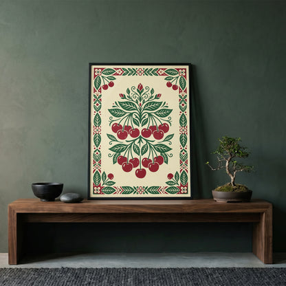 Symmetrical Folk Art Cherry Tree Branch Kitchen Poster Ripe Red Fruit & Print