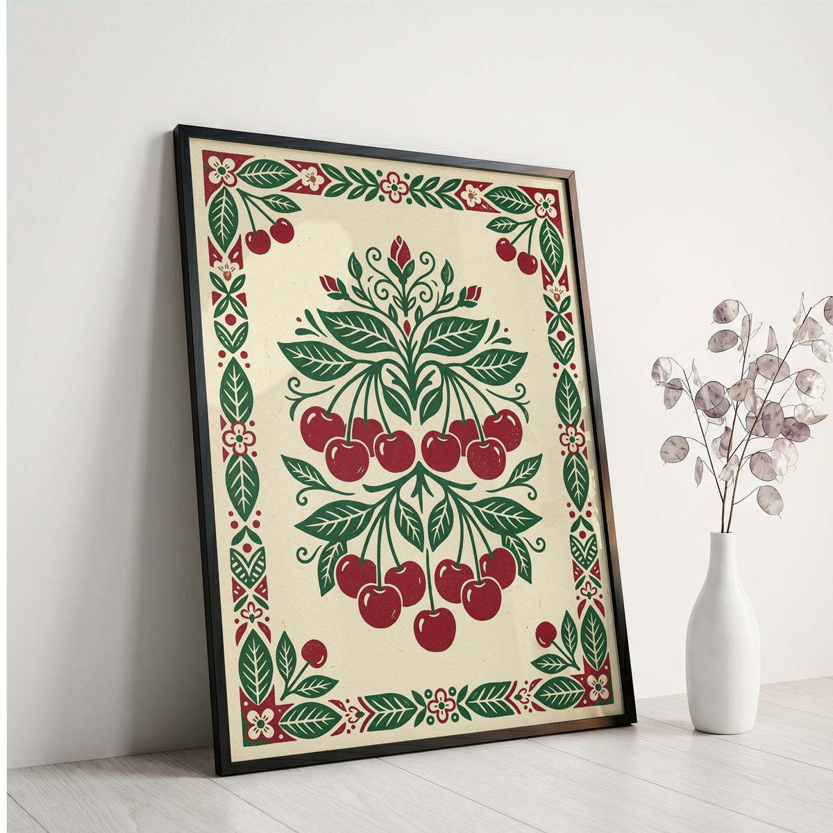 Symmetrical Folk Art Cherry Tree Branch Kitchen Poster Ripe Red Fruit & Print