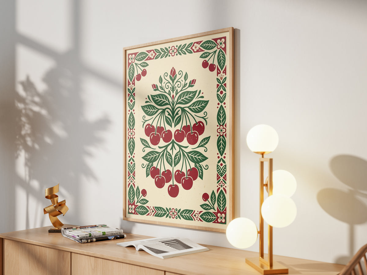 Symmetrical Folk Art Cherry Tree Branch Kitchen Poster Ripe Red Fruit & Print