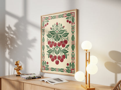 Symmetrical Folk Art Cherry Tree Branch Kitchen Poster Ripe Red Fruit & Print