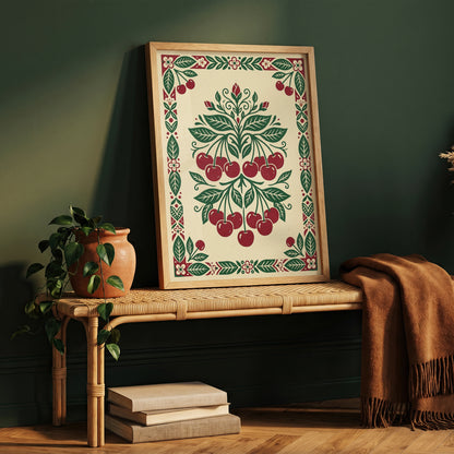 Symmetrical Folk Art Cherry Tree Branch Kitchen Poster Ripe Red Fruit & Print