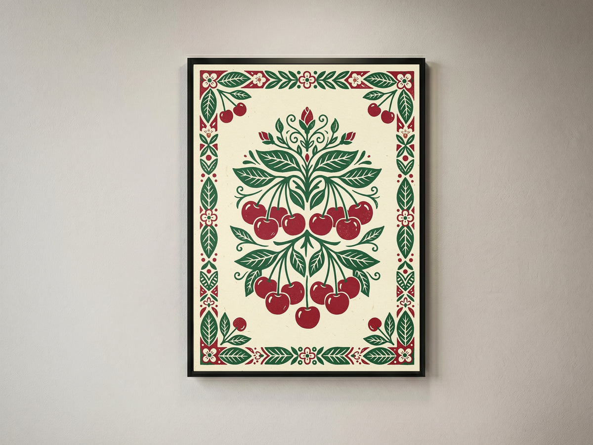 Symmetrical Folk Art Cherry Tree Branch Kitchen Poster Ripe Red Fruit & Print