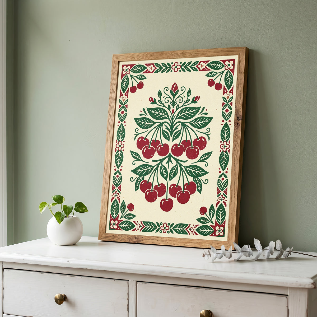 Symmetrical Folk Art Cherry Tree Branch Kitchen Poster Ripe Red Fruit & Print