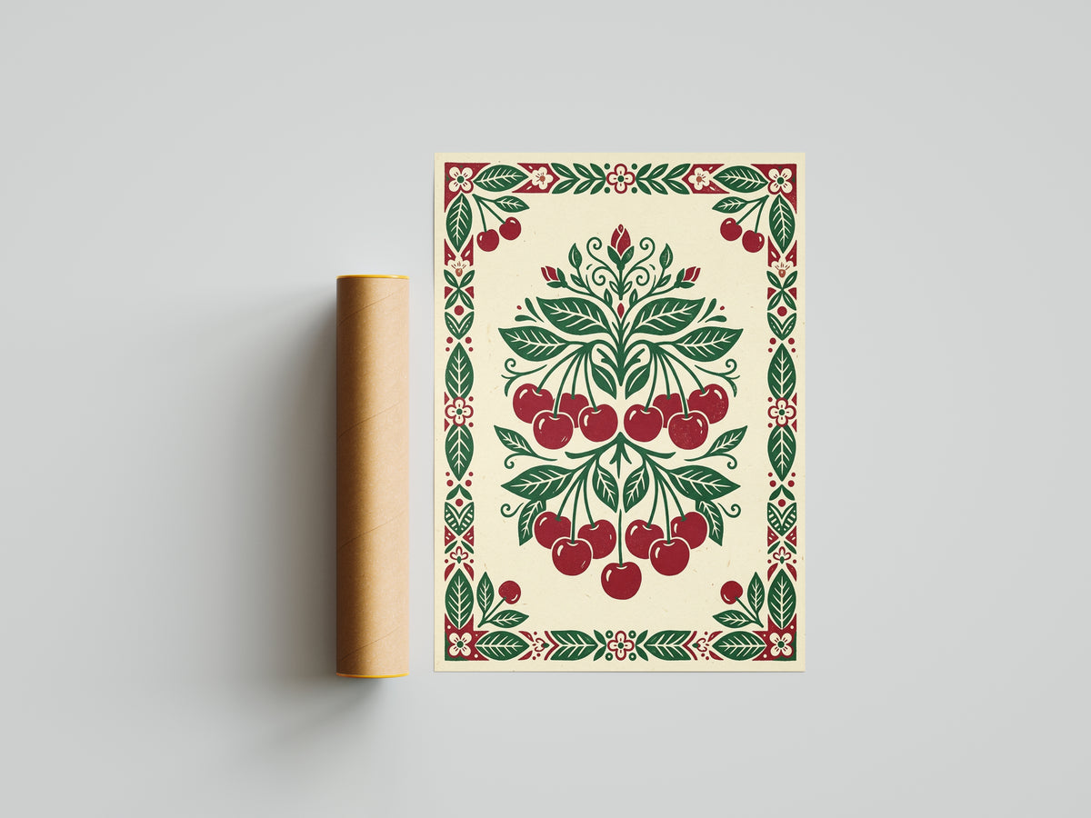 Symmetrical Folk Art Cherry Tree Branch Kitchen Poster Ripe Red Fruit & Print