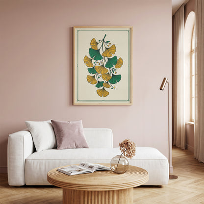 Vintage Botanical Ginkgo Branch Wall Art Print Golden Ochre & Sage Fan Leaf