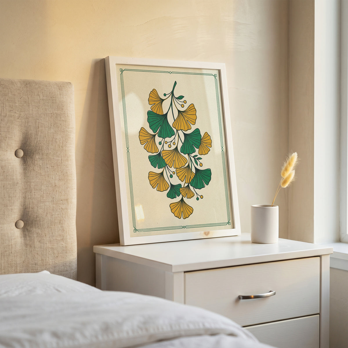 Vintage Botanical Ginkgo Branch Wall Art Print Golden Ochre & Sage Fan Leaf