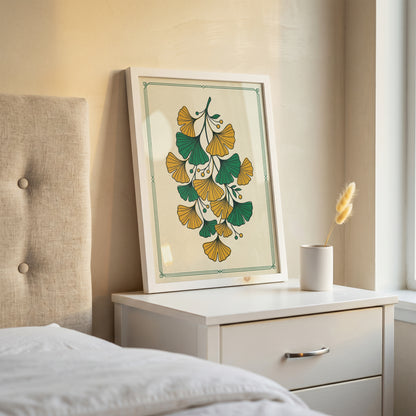 Vintage Botanical Ginkgo Branch Wall Art Print Golden Ochre & Sage Fan Leaf