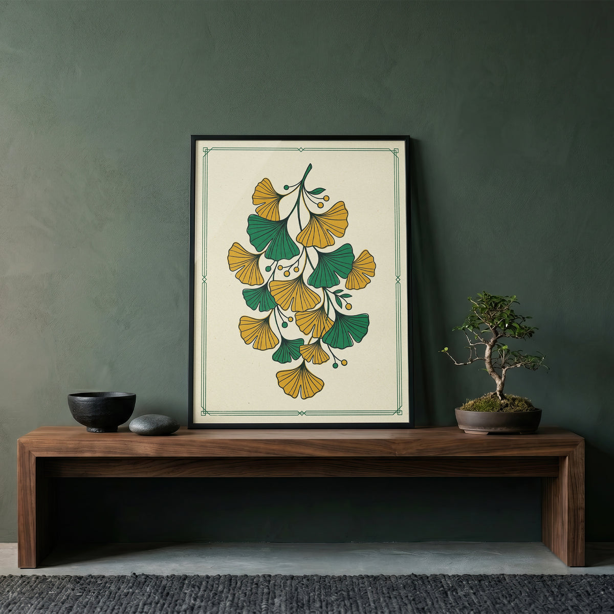 Vintage Botanical Ginkgo Branch Wall Art Print Golden Ochre & Sage Fan Leaf
