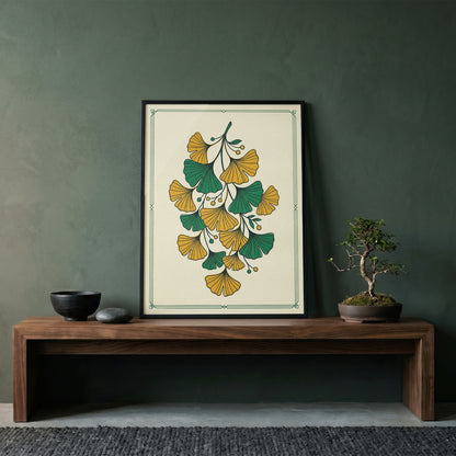 Vintage Botanical Ginkgo Branch Wall Art Print Golden Ochre & Sage Fan Leaf