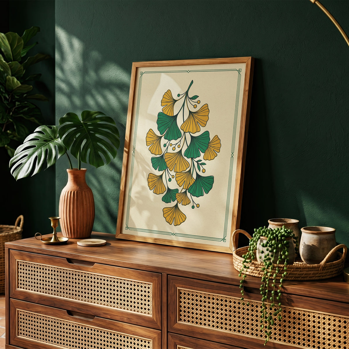 Vintage Botanical Ginkgo Branch Wall Art Print Golden Ochre & Sage Fan Leaf