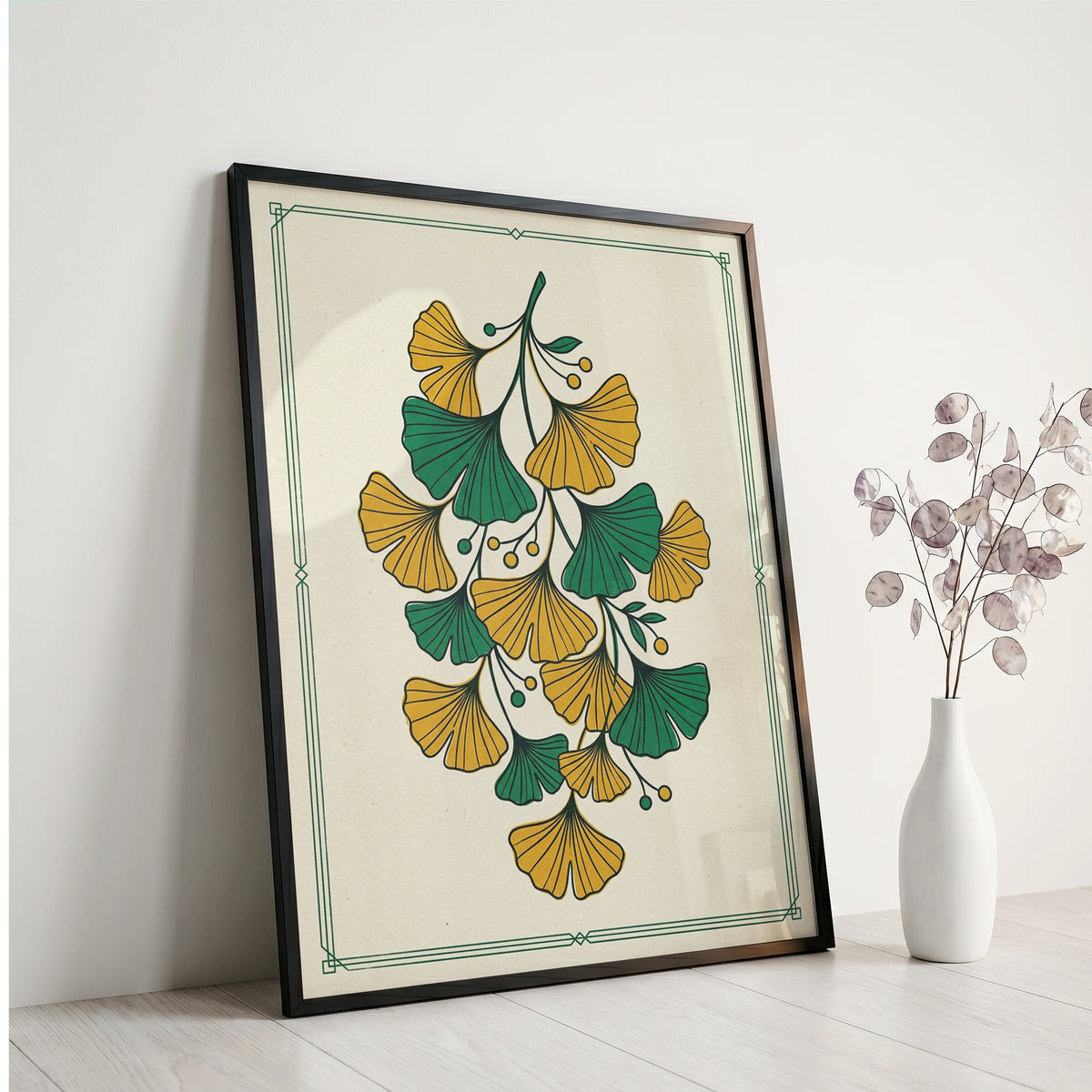 Vintage Botanical Ginkgo Branch Wall Art Print Golden Ochre & Sage Fan Leaf