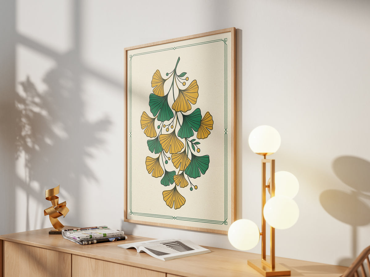Vintage Botanical Ginkgo Branch Wall Art Print Golden Ochre & Sage Fan Leaf