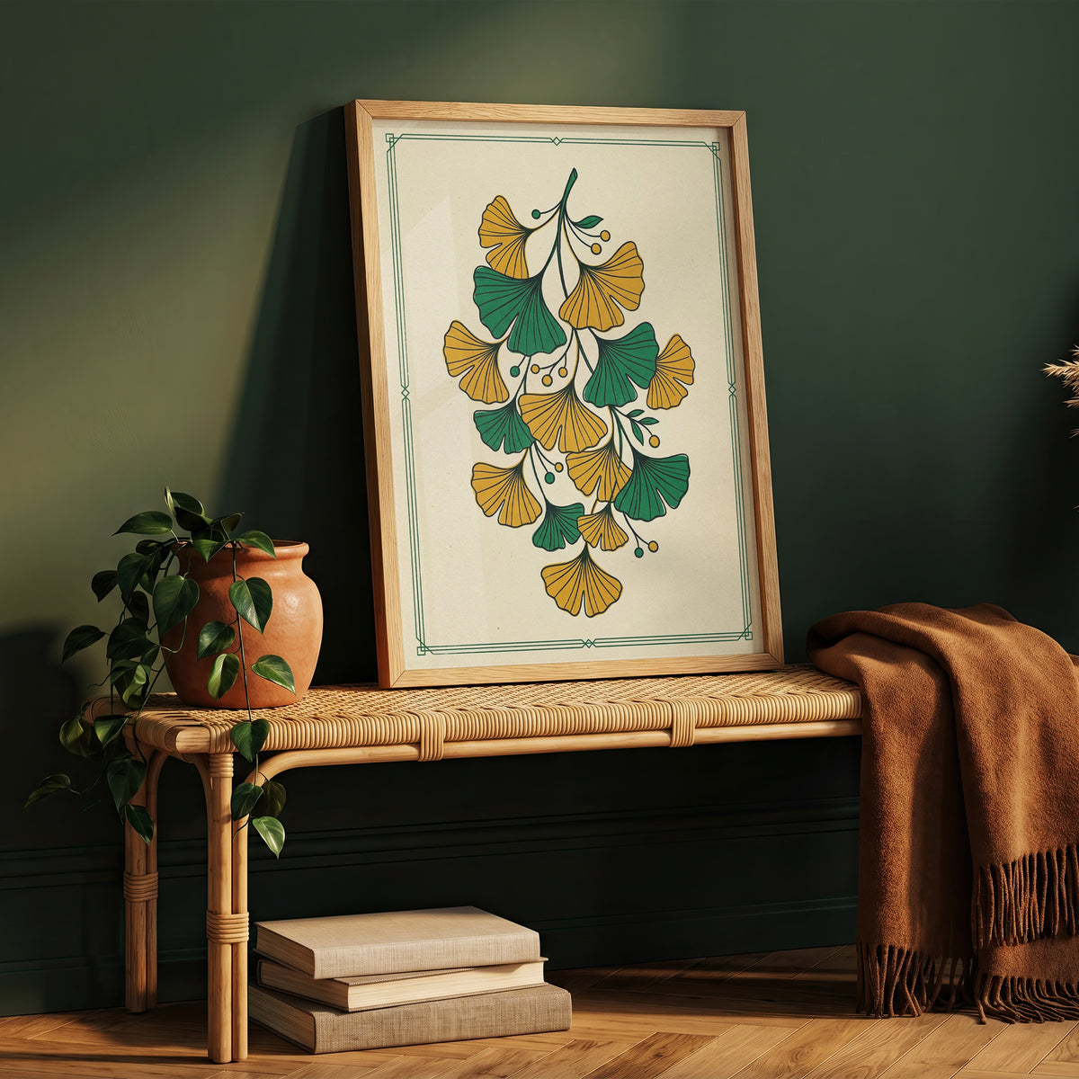 Vintage Botanical Ginkgo Branch Wall Art Print Golden Ochre & Sage Fan Leaf