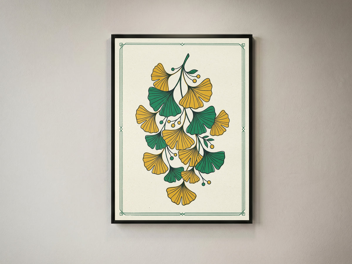Vintage Botanical Ginkgo Branch Wall Art Print Golden Ochre & Sage Fan Leaf