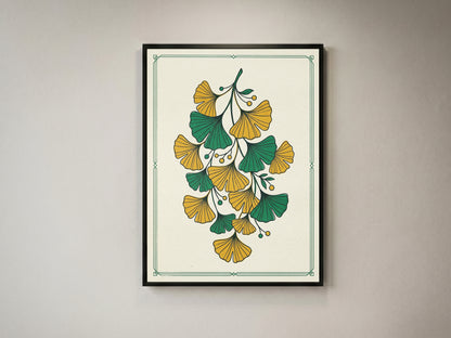 Vintage Botanical Ginkgo Branch Wall Art Print Golden Ochre & Sage Fan Leaf