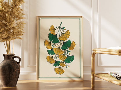 Vintage Botanical Ginkgo Branch Wall Art Print Golden Ochre & Sage Fan Leaf