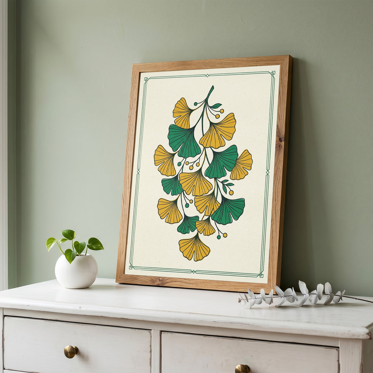 Vintage Botanical Ginkgo Branch Wall Art Print Golden Ochre & Sage Fan Leaf