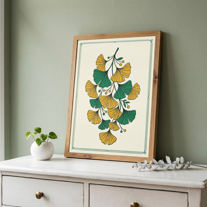 Vintage Botanical Ginkgo Branch Wall Art Print Golden Ochre & Sage Fan Leaf