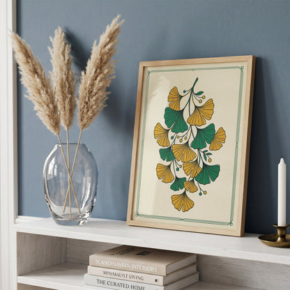 Vintage Botanical Ginkgo Branch Wall Art Print Golden Ochre & Sage Fan Leaf