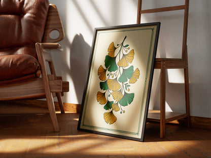 Vintage Botanical Ginkgo Branch Wall Art Print Golden Ochre & Sage Fan Leaf