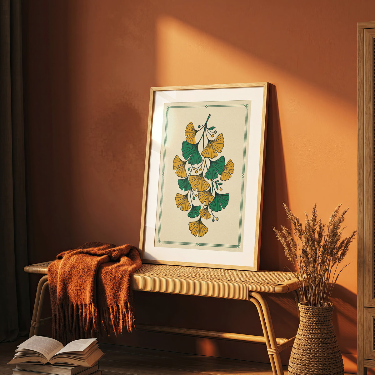 Vintage Botanical Ginkgo Branch Wall Art Print Golden Ochre & Sage Fan Leaf