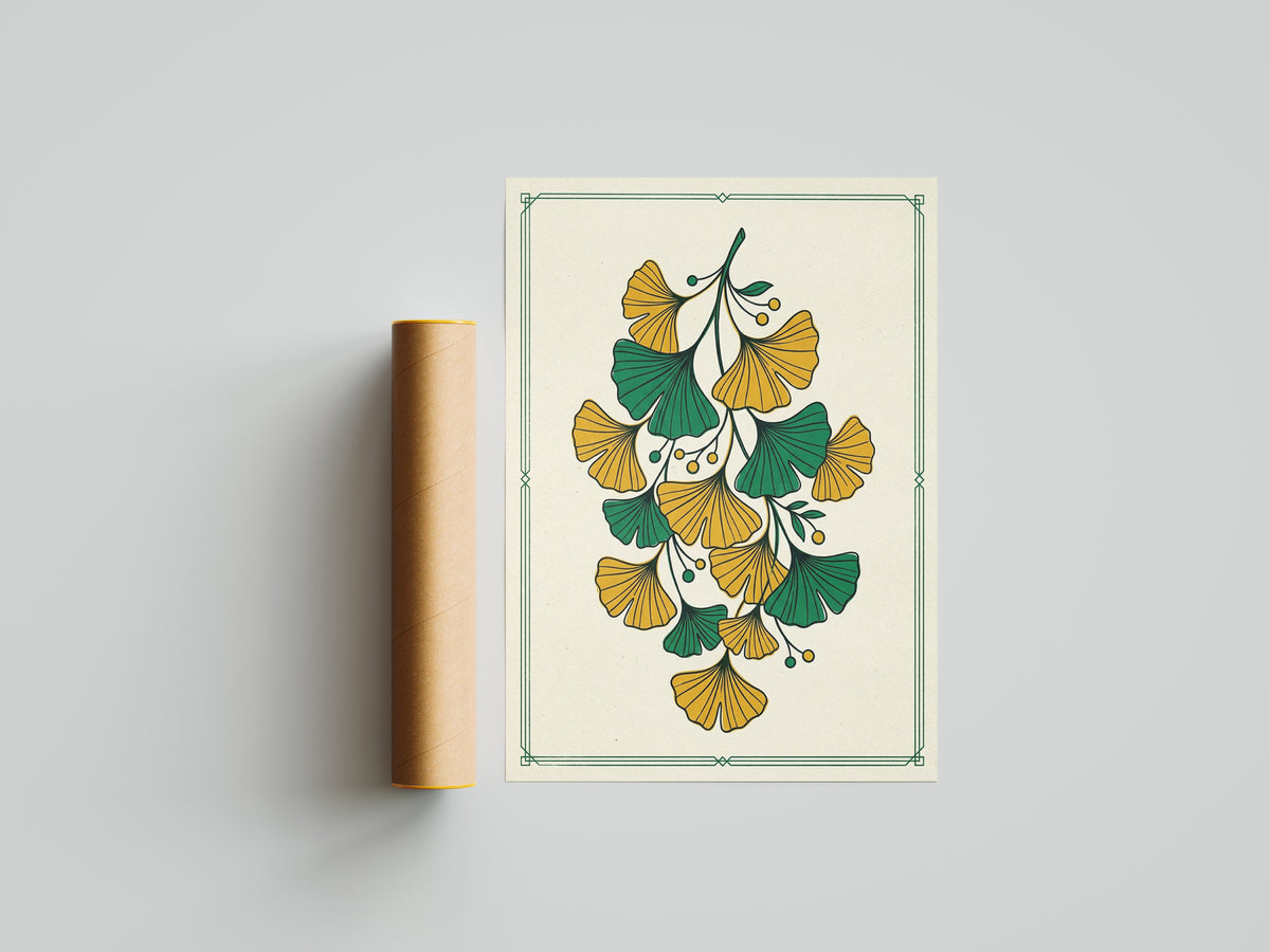 Vintage Botanical Ginkgo Branch Wall Art Print Golden Ochre & Sage Fan Leaf