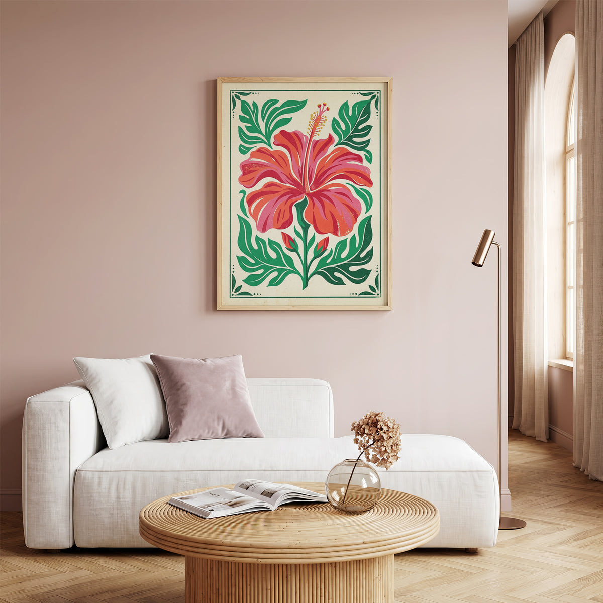 Symmetrical Tropical Hibiscus Botanical Wall Art Print Coral Red Floral Print