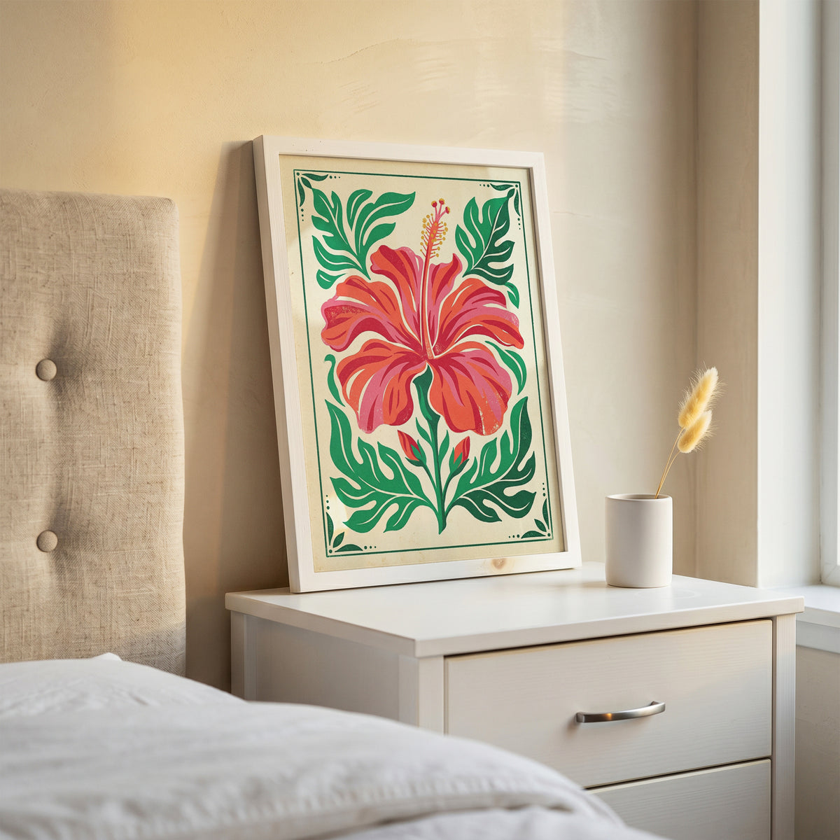 Symmetrical Tropical Hibiscus Botanical Wall Art Print Coral Red Floral Print