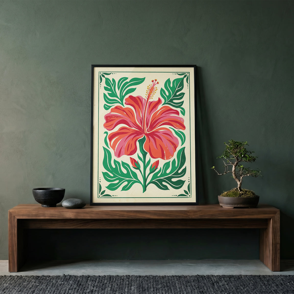 Symmetrical Tropical Hibiscus Botanical Wall Art Print Coral Red Floral Print
