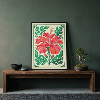 Symmetrical Tropical Hibiscus Botanical Wall Art Print Coral Red Floral Print