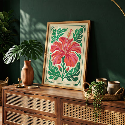 Symmetrical Tropical Hibiscus Botanical Wall Art Print Coral Red Floral Print