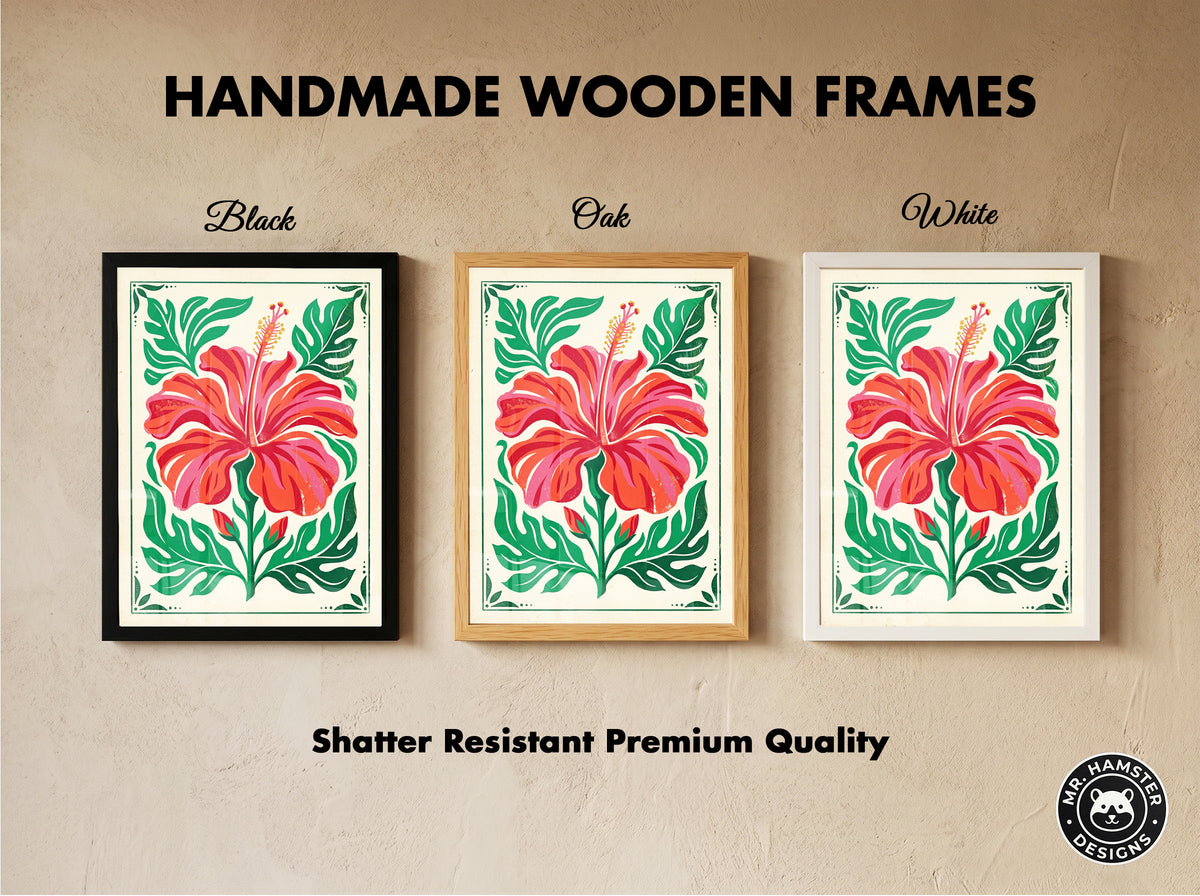 Symmetrical Tropical Hibiscus Botanical Wall Art Print Coral Red Floral Print