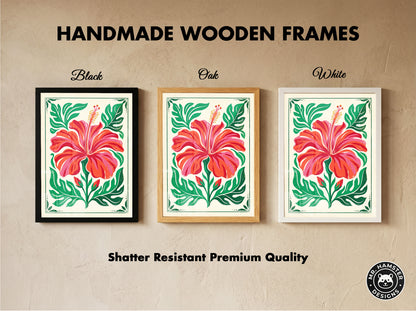 Symmetrical Tropical Hibiscus Botanical Wall Art Print Coral Red Floral Print