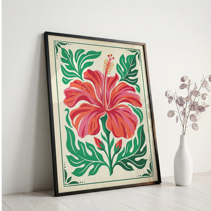Symmetrical Tropical Hibiscus Botanical Wall Art Print Coral Red Floral Print