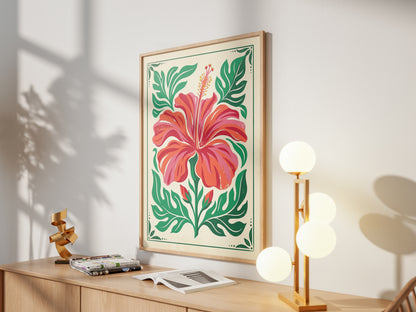 Symmetrical Tropical Hibiscus Botanical Wall Art Print Coral Red Floral Print