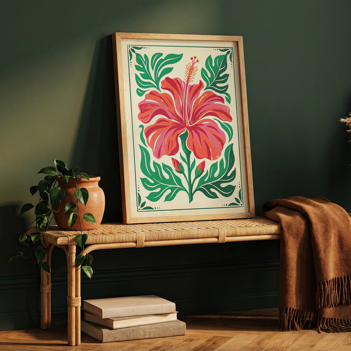Symmetrical Tropical Hibiscus Botanical Wall Art Print Coral Red Floral Print